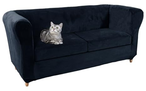 Samt-Stretch-Sofa-Schonbezug-Set, blau, waschbar, Couchbezug, Möbelschutz für gebogenes Sofa, 1 Zweisitzer + 2 kleine Sitze, Sofabezug für Wohnzimmer