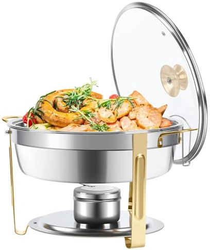 Chafing Disk Buffet Set, Chafing Disk Buffet Set med synligt glaslock, Rostfritt stål Runda Chafers Serveringsbuffévärmare for cateringfest Bröllop, Guld, 1Pack (Enfärgad, 2Pack)(1Pack)