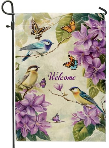 Drapeau de jardin floral printemps été, fleurs violettes, oiseaux, papillon, décoration d'intérieur, drapeaux de cour, décoration de pelouse, bannière de bienvenue extérieure 30,5 x 45,7 cm