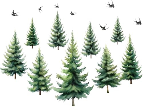 PLIGREAT 2 Blätter Aquarell Kiefer Wald Wandaufkleber Peel and Stick Wandtattoo Grün Baum Wandmalereien für Kinderzimmer Schlafzimmer Wohnzimmer Wanddeko Große Größe DIY Dekorative Zuhause Aufkleber