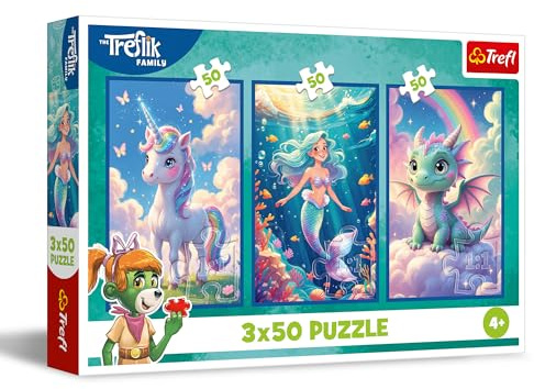 Trefl - Puzzle 3-i-1: The Treflik Family,Tillsammans i en färgstark värld - 3 x 50 bitar, Set med tre pussel för barn över 4 år