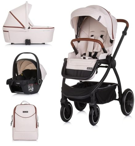 Chipolino Kombikinderwagen 3 in 1 Prestige Babywanne Rucksack i-Size Babyschale beige braun
