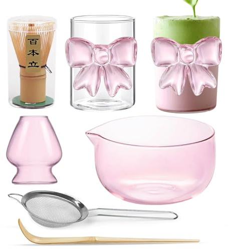 Matcha Set Rosa Matcha Schale,Matcha Tasse Trinkbecher mit Bow Iced coffee Trinkglas,Matcha Sieb Matcha BesenBambus und Besenhalter 6 Stück MatchaTee Sets Pink Matcha Latte Geschenkset für Teezeremon