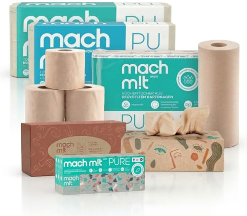 Kennenlernbox - 5 in 1 – das machm!t PURE Probierpaket - jeder Artikel ist einmal enthalten – Inhalt: 16 Rollen Toilettenpapier, 4 Küchenrollen, 300 Kosmetiktücher & 150 Taschentücher