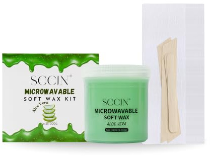 SCCIN Aloe Vera Soft Wax Kit for Hair Removal 300g, Microwavable Wax, 20 Waxing Strips & 4 Wooden Spatulas, Stubborn Coarse hair Removal, At-Home Waxing Kit for face, Legs, Arms, Underarms & Bikini