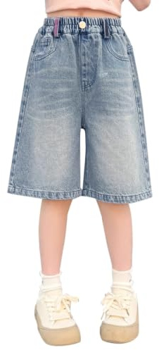 Mjjsk Short en jean pour filles taille haute élastique en denim bermuda pour adolescentes jeans baggy amples shorts d'été tendance pour enfants mode de rue, 14-15 ans