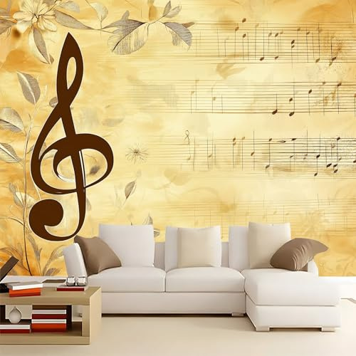 WHUOEUCO Carta da parati Fotografica Fiori Con Note Musicali Retrò 350x256 cm Fotomurali Tessuto Non Tessuto, Decorazione Murale Carta da parati per Soggiorno Camera Da Letto Ufficio