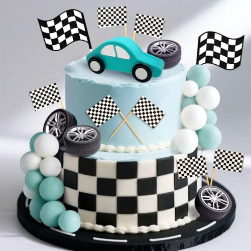 JeVenis Race Car Cake Decoration Car Cake Topper Checkered Flag Cake Topper | Growing Up Two Fast Birthday Decor Fast One Fast Three Need Four Speed Birthday Decorations