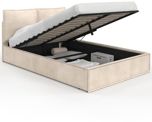 IDMarket - Lit Coffre Double Pilou 140 x 190 cm Velours Beige | Avec tête de lit oreiller et sommier