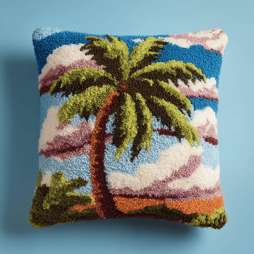 XDEGHUANGSS Kit Créatif Coussins et Tapis au Crochet Avec Motif Pré Imprimé,Kit Coussin Au Point Noué,Loquet Crochet Complet Housse De Coussin,Fait Main,43x43cm(Palmiers au bord de la mer)