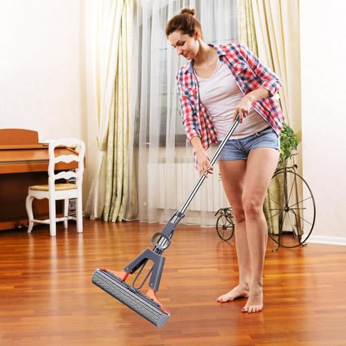 Mopa de esponja para limpieza de suelos, fácil limpiador de suelos, esponja de PVA con mango ajustable, con 2 recambios de cabeza de esponja, para sala de estudio