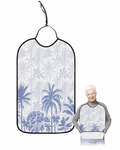 Kewadony Adult Bibs for Elderly Women, Palm Trees Waterproof Dining Clothing Protectors with Crumb Catcher for Eating/Feeding, Blue Tropical Plants Summer Forest Scenery Cloth Bib Machine Washable
