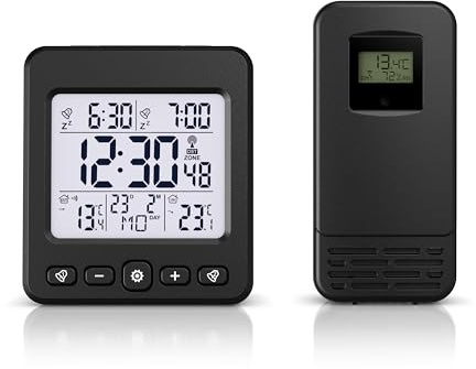 CSL - Funk Wetterstation Funk mit Außensensor - Funkwecker digital - Innentemperatur und Außentemperatur - Funkwecker Funkuhr - 2 Alarmzeiten - LED Display