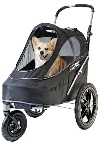 InnoPet Sporty EVR Hundebuggy Hundewagen Trailer - für jedes Gelände - robuste Gummiräder wie Luftreifen - plattfußfrei inkl. Regenhaube - schwarz