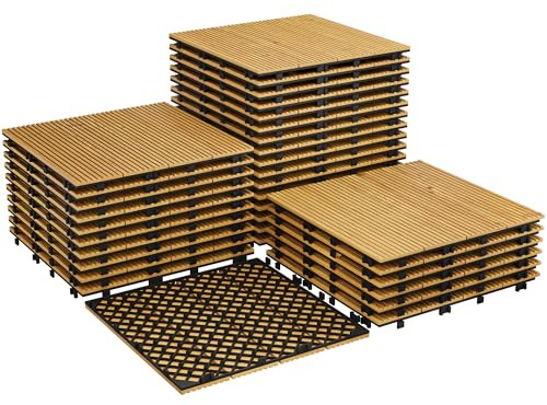 Garvee Dalles extensionérieur en bois d'acacia massif 30x30cm, Jaune 33PCS | Dalles clipsables étanches et antidérapantes, installation facile pour terrasse, balcon, piscine, jardin, décoration murale