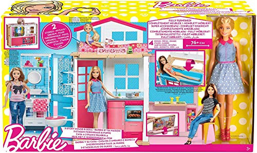 Barbie DVV48-2-Etagen Ferienhaus und Puppe, zusammenklappbar, mit Tragegriff, mehrere Spielbereiche, enthaltene Möbel & themenbezogene Aufkleber + Zubehörteile, Puppenhaus, Spielzeug ab 3 Jahren