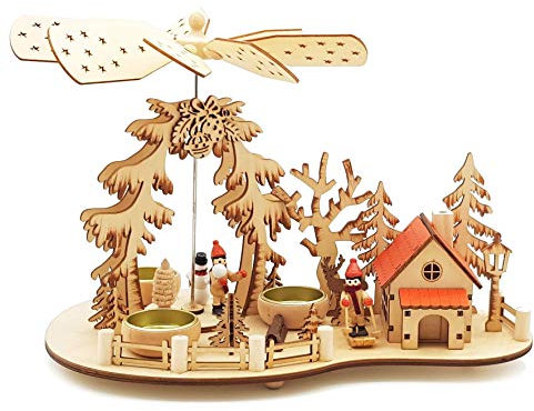 Wichtelstube-Kollektion Weihnachtspyramide Teelichtpyramide mit Räucherhaus Ski Pyramide Weihnachten für Teelichter, Skifahrer Echtholz Räuchermännchen