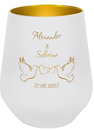 Herz & Heim® Weißer Teelichthalter zur Hochzeit mit Gravur - Tauben - mit Namen der Liebenden und Datum für die Hochzeitstafel
