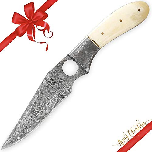 Hobby Hut HH-702, Coltello da Caccia Damasco con Lama Fissa da 11 Pollici - Tang Full - Manico per Osso Cammello - Fodero in Cuoio - Ideato per la Caccia e Il Campeggio