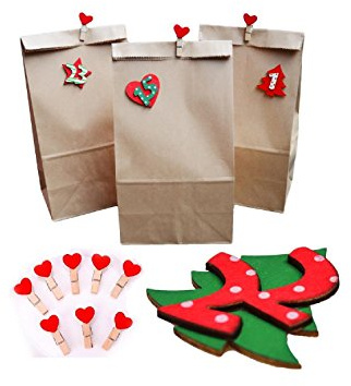 Miya 24 XXL groß Kraftpapiertüten 32 * 18 * 11 cm & Naturholzscheibe Zahlen & Herz Klammern & Klebepunkten - zum selber Basteln - Adventskalender zum Befüllen,