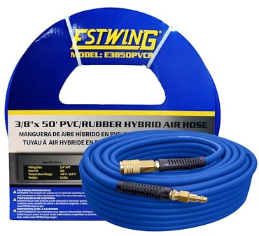 Estwing E3850PVCR 3/8 x 50' PVC/Rubber Hybrid Air Hose with 1/4 Brass Fittings , Blue