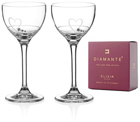 DIAMANTE Mini Cocktail Coupes Crystal Glasses 150ml | Port Sherry Glasses | Aperitif Digestif Glasses | Nick & Nora Glasses - ‘Petit Heart’ Collection Embellished with Swarovski Crystals - Set of 2