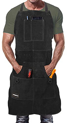 DIMWELD Grembiule Saldatore. Grembiule da Saldatore. Grembiule Saldatura. Grembiule Fabbro o Falegname di Cuoio Molto Resistente con 6 Tasche per Utensili - Marrone Scuro
