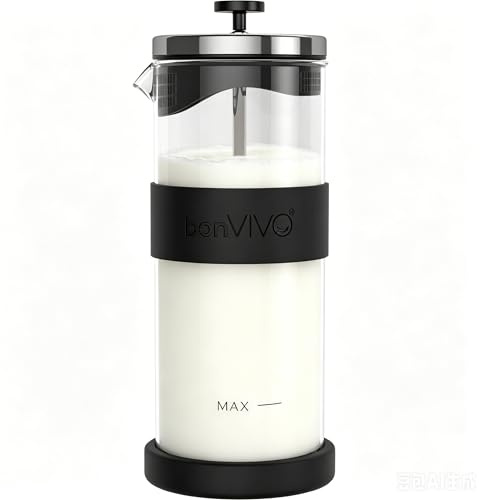 bonVIVO FOMO Espumador de Leche Manual De Acero Inoxidable de 400 ml, Batidora y Espumador para Capuchino De Cristal y Cafe, Emulsionador De Leche con Colador De Malla Fina