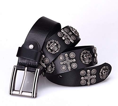 YZJYB Punk Rock Style Echtleder Gürtel mit Dornschließe Schädel Geprägtem Muster Ledergürtel 105cm - 125cm Länge Herren Damen Vintage Western Nieten Belt,Schwarz,105CM