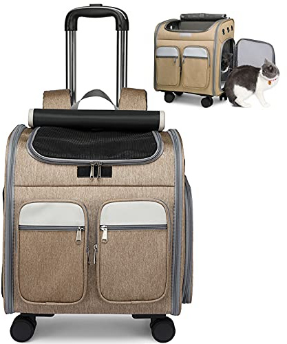 PJDDP Hundetrolley Hunderucksack Transporttasche Tragetasche Gepäcktasche Mit Schulterriemen Und Rollen Trolley Für Kleine Hunde/Katzen Bis Zu 17Lbs Outdoor-Einsatz,Braun