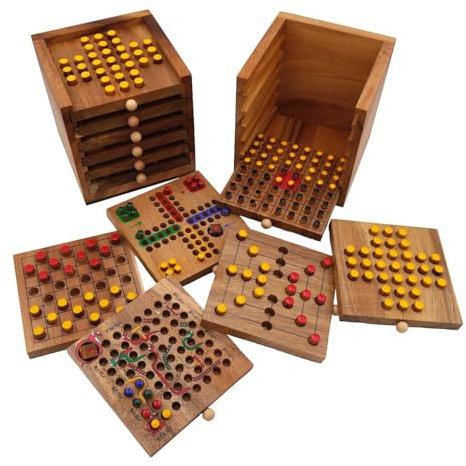 ROMBOL Tolle Spielesammlung, 6 Verschiedene Spiele aus Holz in Einer praktischen Holzbox