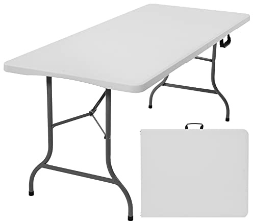 Rainberg 6ft Heavy Duty Folding Table, Tabletop & Sturdy Metal Frame, Foldable Table with Handle, Waterproof, Portable, & Easy Assembly, Ideal for Parties, BBQ, Camping, Beach, Indoor & Outdoor Use