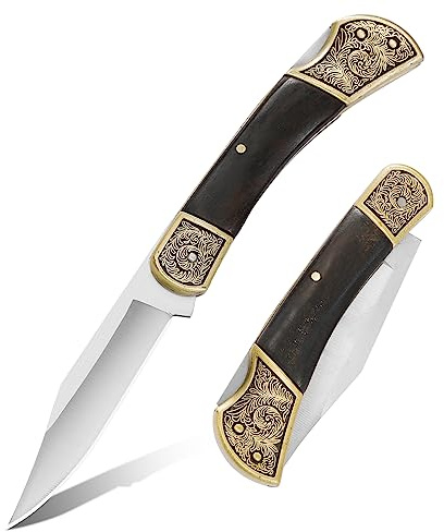 FU-GLBY Embossing Bolster Pocket Folding knife Wood handle EDC Knives Tools (black)