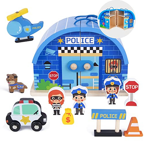 Woody Treasures Holzspielzeug - 10-teiliges Polizeistation-Spielset für Kinder ab 3 Jahren - Interaktives Rollenspiel Kleinkindspielzeug für Jungen & Mädchen - mit Tragetasche