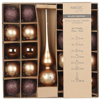 Magic by Inge – set med julgranskulor, 19 delar, elegant lounge, med julgransspets och kulor, julgransprydnad, glas, brun