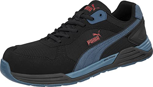 PUMA Safety Frontside låg arbetssko säkerhetssko S1P ESD HRO SRC glasfiberlock penetrationsskydd halkfri värmebeständig metallfri män, Svartblå, 45 EU
