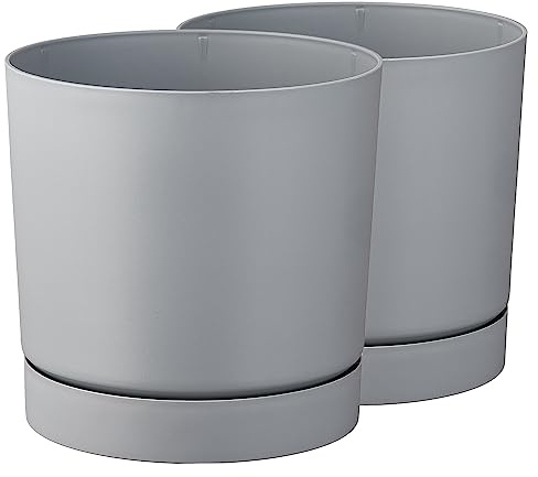 Tymar Macetero con plato, paquete de 2 unidades, maceta decorativa de plástico, forma redonda, moderna, para interiores (30 cm de diámetro, 2 unidades), color gris