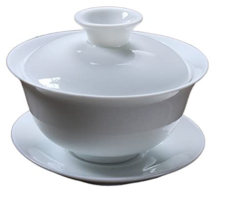 BAtlam Teetasse, weiße Porzellanterrine, chinesische Tasse, Schüssel, Deckel, Keramiktasse, Untertasse, 120 ml (Farbe: Weiß) (Gelb, Weiß)