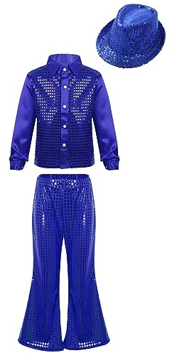 inhzoy Enfant Garçon Fille Chemise Paillette avec Pantalon Brillant Ensemble Danse Moderne Jazz Tenue Danse Rue Hip-hop Costume Disco Dance Performance 8-14 Ans B Bleu 9-10 ans