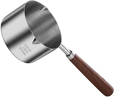 FUNOMOCYA Cacerola Pequeña De Acero Inoxidable 304, Con Doble Vertedor y Mango Ergonómico De Madera, Resistente Oxidación, Para Cocina y Calentamiento De Aceites, 250 Ml, Reutilizable