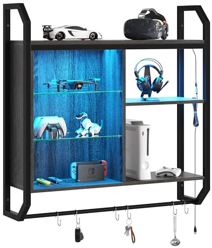 Bestier 4 Tier Floating Pipe Shelving 84 CM LED Wall Mounted Shelf with Adjustable Glass Shelf Pipe Shelves Hanging Display Rack Bookshelf with 6 S Hooks for Living Room Kitchen Decor Wine Coffee Bar