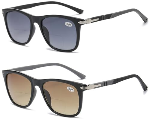 Lanomi Bifokal Lesebrille mit Sonnenschutz Damen Herren Rechteckige UV Schutz Gradient Grau Braun Sonnenbrille mit sehstärke 2 Stück Schwarz Rahmen(Braun+Grau Linse) 2.5