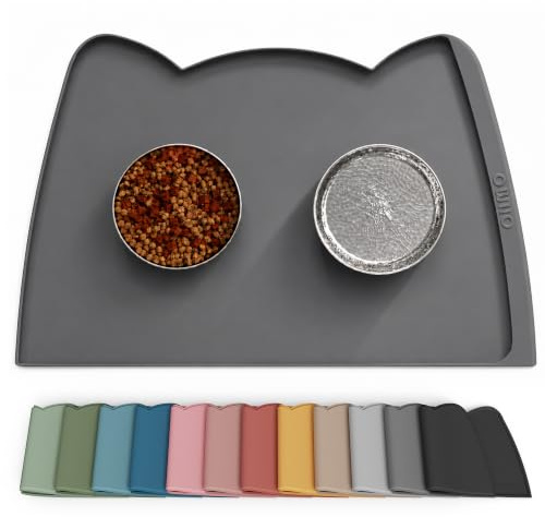 OHMO Napfunterlage Hund Groß Futtermatte Katzen Zubehör 60x38cm Grau | Silikon Unterlage, Wasserdicht, Katzenzubehö, Hundenapf Unterlager, Rutschfest Futterunterlage, Leicht zu Reinigen