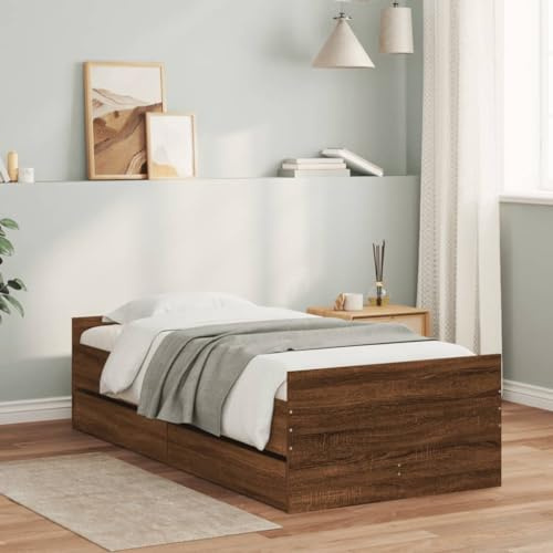ZQQLVOO Bed Frame Lattenrost Palettenbett Bodenbett Bettgestell mit Schubladen Braun Eichen-Optik 100x200 cm