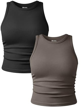 OQQ Women's 2 Piece Tank Tops Crew Neck Sleeveless Basic Stretch Casusal Yoga Crop Camis Black Tea Leaf