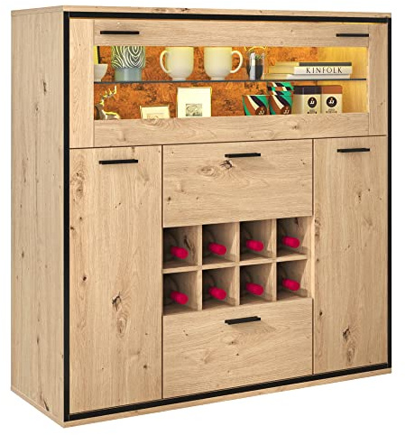 soges Armario de vino Mueble Bar con puertas dobles, estante de cristal y soporte para vino, armario de cocina para comedor y cocina