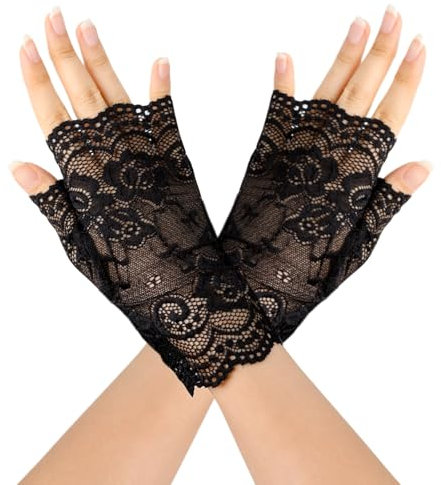 DAJISI Fingerlose Handschuhe Damen - Kurze Blume Spitzenhandschuhe Schwarz für Teeparty, Oper, Hochzeitsparty - Accessoires für Kleidung
