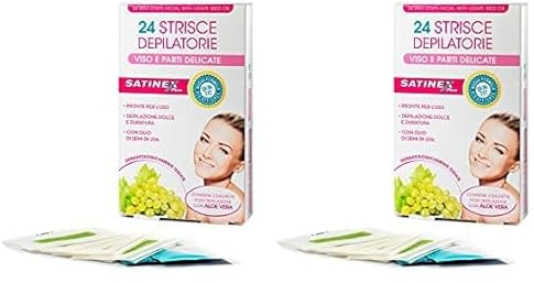 Satinex, 24 Strisce Depilatorie Viso e Parti Delicate, Strisce Depilatorie Pronte per L'Uso con Olio di Semi di Uva, Depilazione Donna, Confezione con 2 Salviette Post Depilazione con Aloe Vera