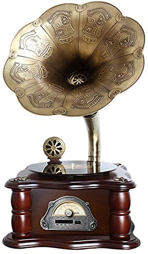 JFNHUTL Altoparlante Bluetooth retrò, Altoparlanti a Forma di grammofono con Giradischi Vintage con Ingresso AUX, Porta USB, Bassi, Stile fonografo per la Decorazione della casa