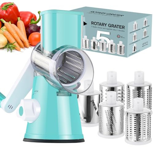 Ourokhome Rotary Cheese Grater Hand Crank, Kitchen Shredder Speed Mandolin Slicer Ice Shaver with Handle and Drum Blades for Cheese, Vegetable, Nuts, Chocolate, Potato, Carrot, 5 Blades, Blue